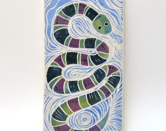 snake in the garden hand carved ceramic art tile