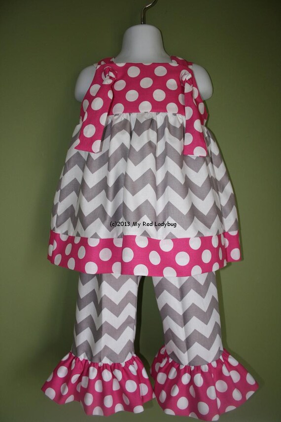 Items similar to Grey and Hot Pink Chevron Outfit with Ruffle Pants or
