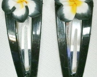 Plasic Coated Silvertone Hair Snap Clip With Plumera Flower. You Choose