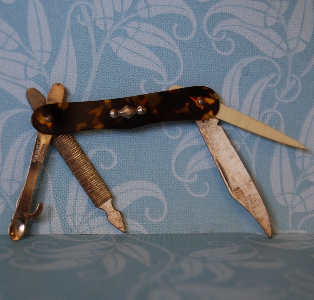 Tiny Antique Pocket Knife Snuff Spoon Celluloid Tortoise