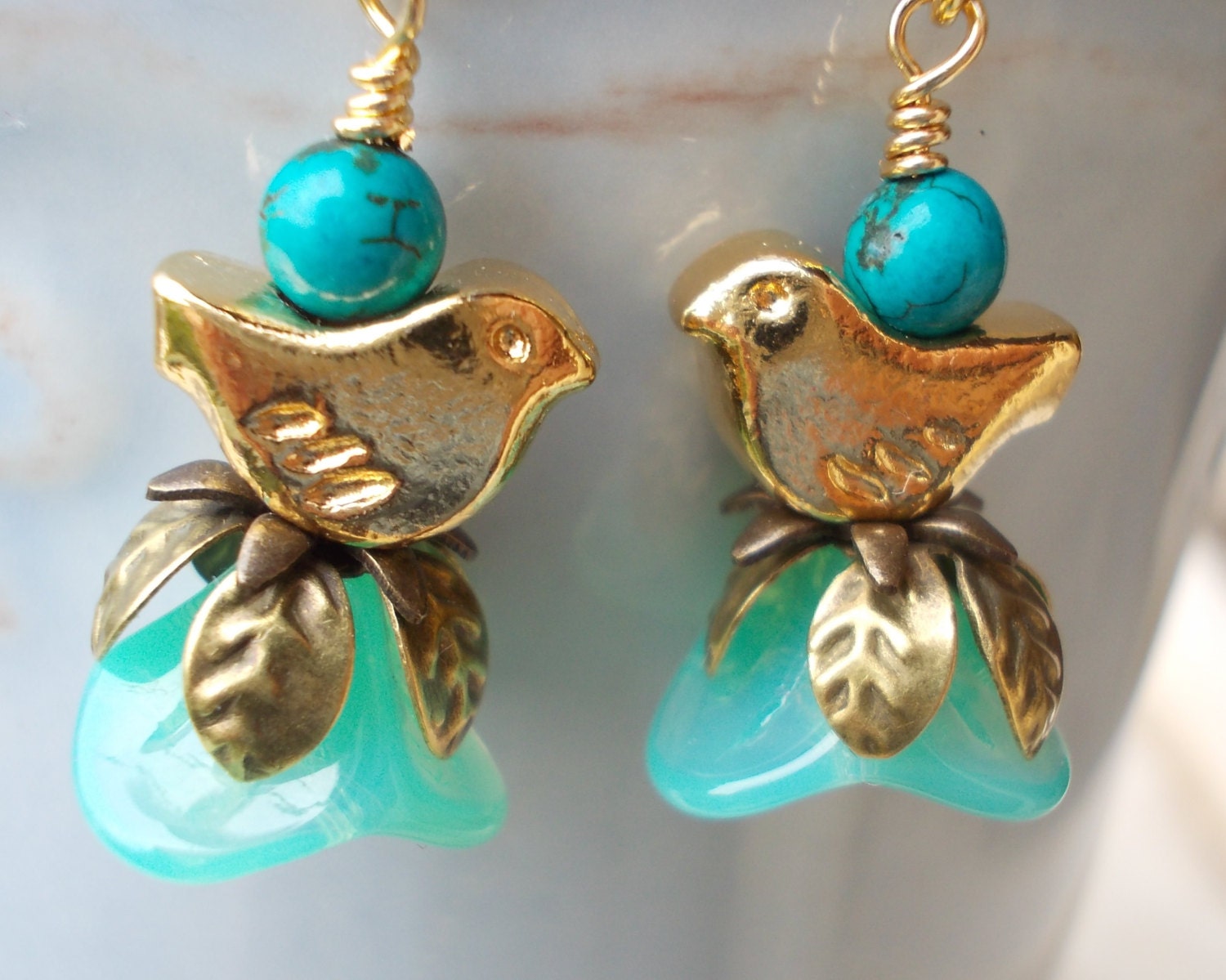 Bird and flower earrings handmade nature inspired drops for