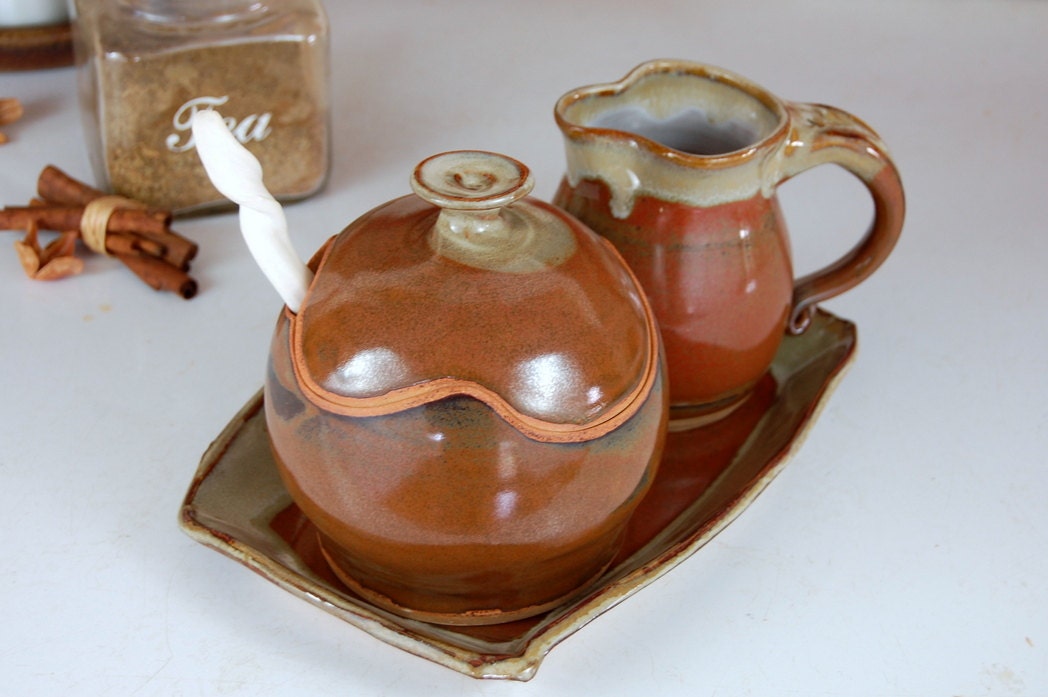 Creamer And Sugar Jar Set with Tray in Brownstone Made to