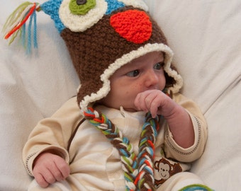 Retro Brown Owl Earflap Hat - Newborn - 3months