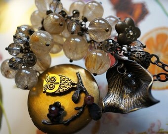 25% off - Heirloom - Vintage AAA Grade Golden Rutile Titanium Hair Cluster Swarovski Crystal Sweater Long Chain Locket Owl Necklace - 1 pc
