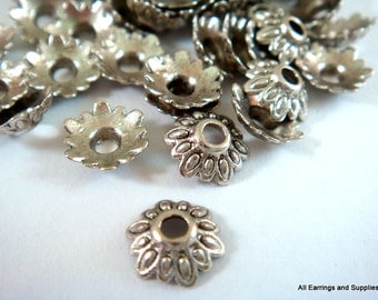 50 Antique Silver Bead Caps Flower Tibetan Style LF/NF 7mm - 50 pc - F4113BC-AS50