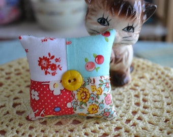 Sweet Mini Floral Patchwork Pincushion with Vintage Button