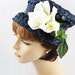 Vintage 1960s 60s Hat Navy Blue Straw Bucket Style with White Roses