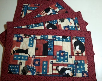4 piece Set of Country Patriotic Quilted Place Mats in Cream, Blue, Rusty Red, Black with cows, cats, bunny, barn, stars, roosters