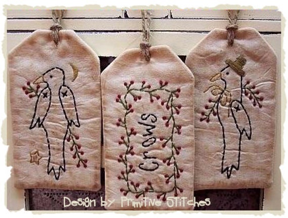 Berry Crow Tag Collection-Primitive Stitchery-E-PATTERN by Primitive Stitches-Instant Download