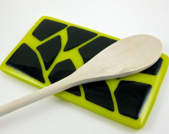 Black and Yellow Fused Glass Spoon Rest - Rectangle Spoon Rest - Handmade Yellow Fused Glass Butter Dish