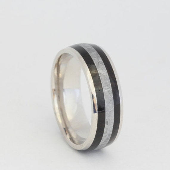 Men's Wedding Ring, Palladium Band, Meteorite and Wood Ring