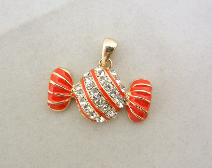 Gold-tone Candy Pendant Rhinestones and Red Epoxy