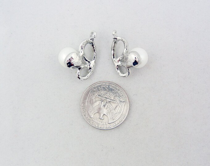 Pair of Small Abstract Silver-tone Butterfly Charms Rhinestones Faux Pearl