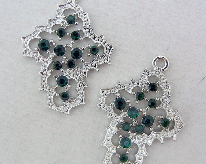 Silver-tone Abstract Cross Charms with Emerald and Clear Rhinestones