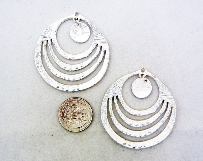 Pair of Round Matte Silver-tone Drop Charms Rhinestones