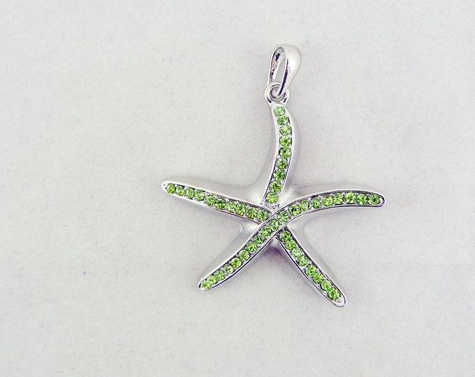 Silver-tone Starfish Pendant Green Rhinestones