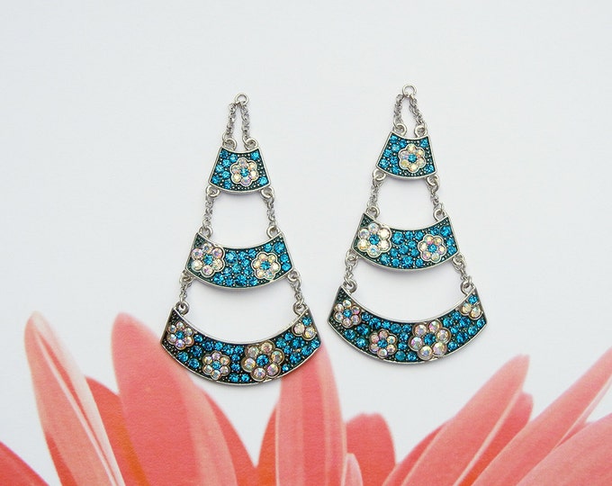 Pair of 3 Tiered Floral Turquoise Blue and Aurora Borealis Rhinestone Drop Charms Silver-tone