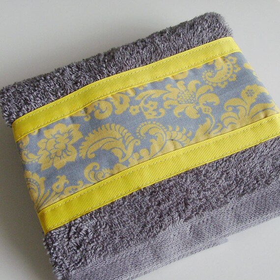 Gray Yellow Hand Towel / Charcoal Grey Yellow Damask