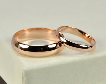 14K Rose Gold Wedding Band Set, Half Round 3mm and 5mm Rings, Classic Style, Sea Babe Jewelry