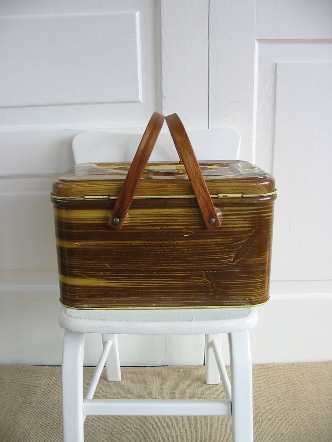 Vintage Metal Basket Picnic Brown Faux Bois Wood Industrial