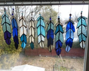 Indian Chief Eagle Osprey Bird Feather in blues stained glass with beads