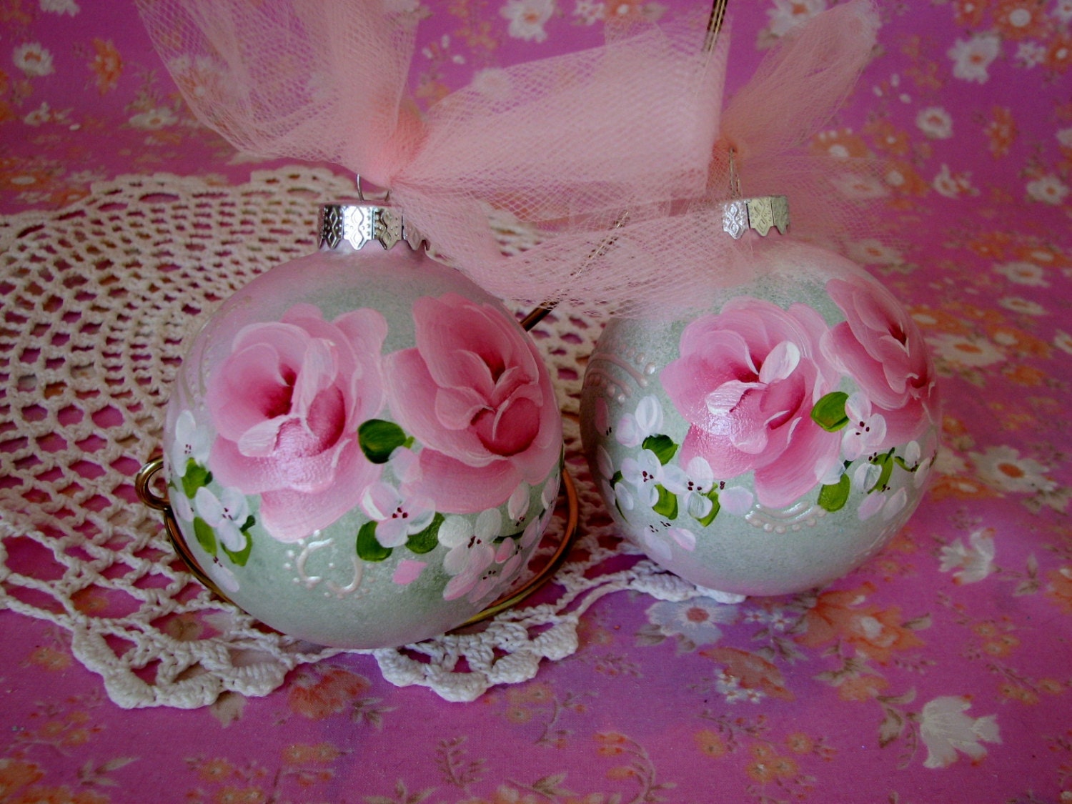 Glass Ball Ornaments Hand Painted Pink Roses by pinkrose1611