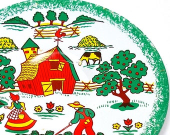 60's Tin Toy Tea plate, Apple Farm graphics, white background, smaller size.