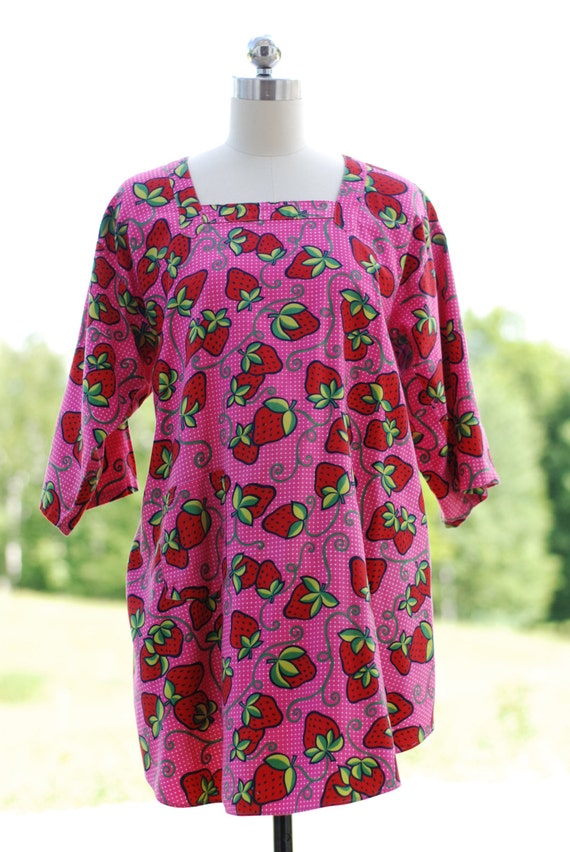 1970's Apron Smock by Design House STRAWBERRIES and Pink Polka Dots S M