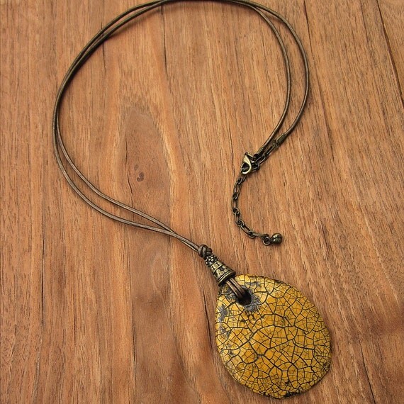 Paper Mache Pendant Necklace Mustard Yellow on Long Bronze