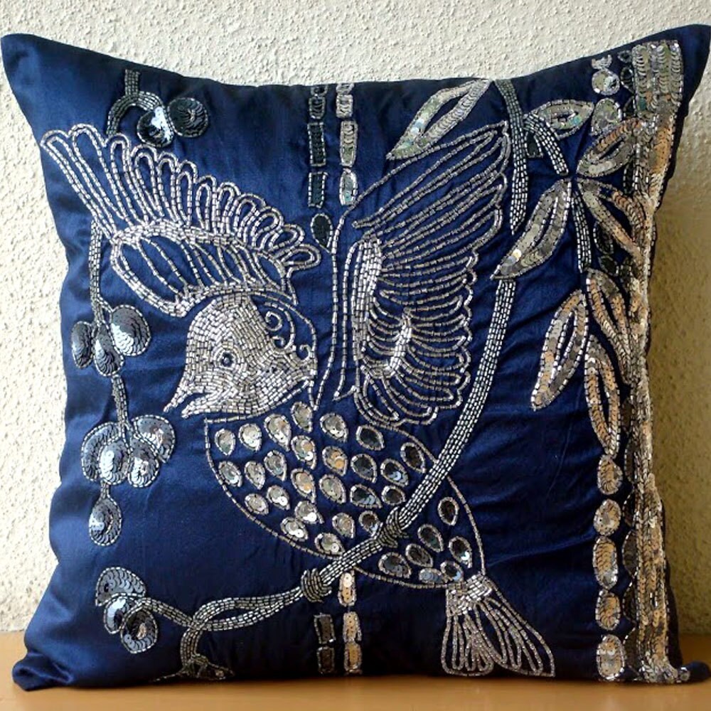 Handmade Navy Blue Pillow Cases 16x16 Silk Throw