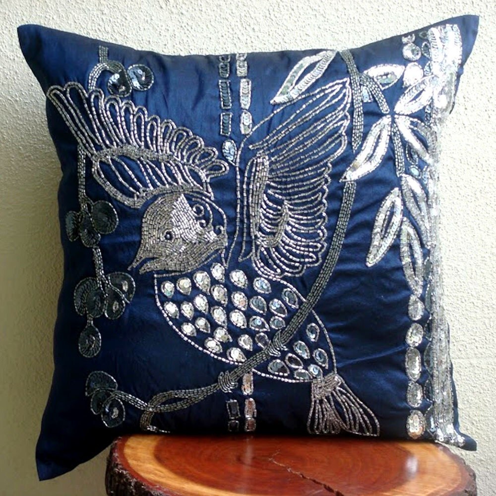 Handmade Navy Blue Pillow Cases 16x16 Silk Throw