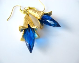 Electric Blue Earrings Faceted Teal Drop Briolette Dangles Matte Gold Petal Bead Caps Dramatic, Feminine Gift Box