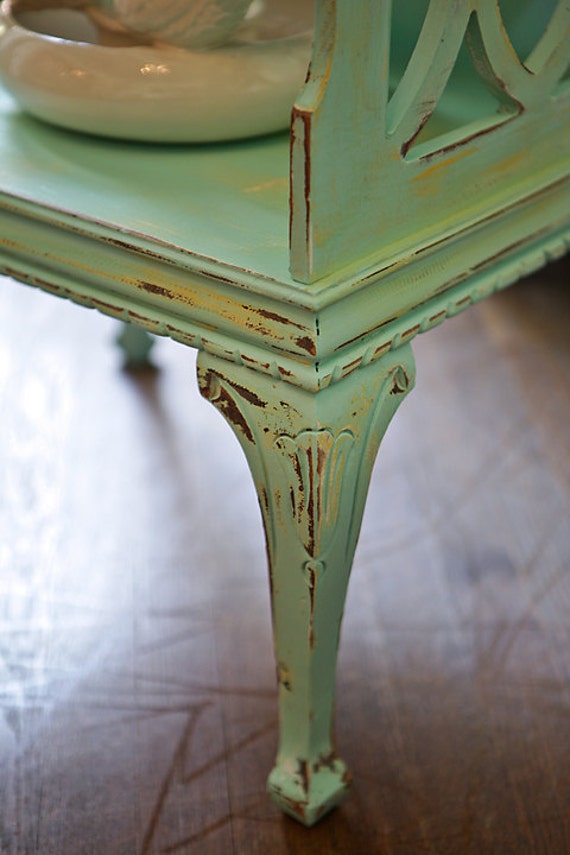 vintage shabby chic nightstand end table distressed aqua blue