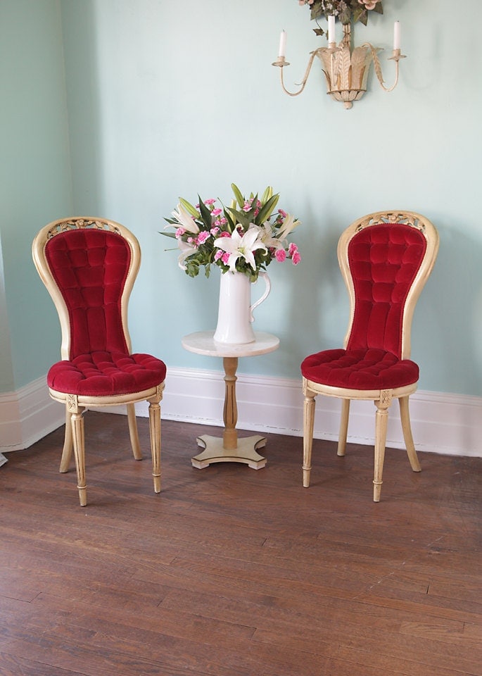 vintage french red velvet tufted chair pair shabby chic