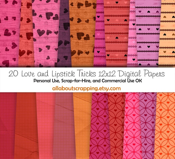 12" by 12" COMMERCIAL Use Digital Scrapbooking Paper - Love and Lipstick Tricks Digital Papers - Instant Download