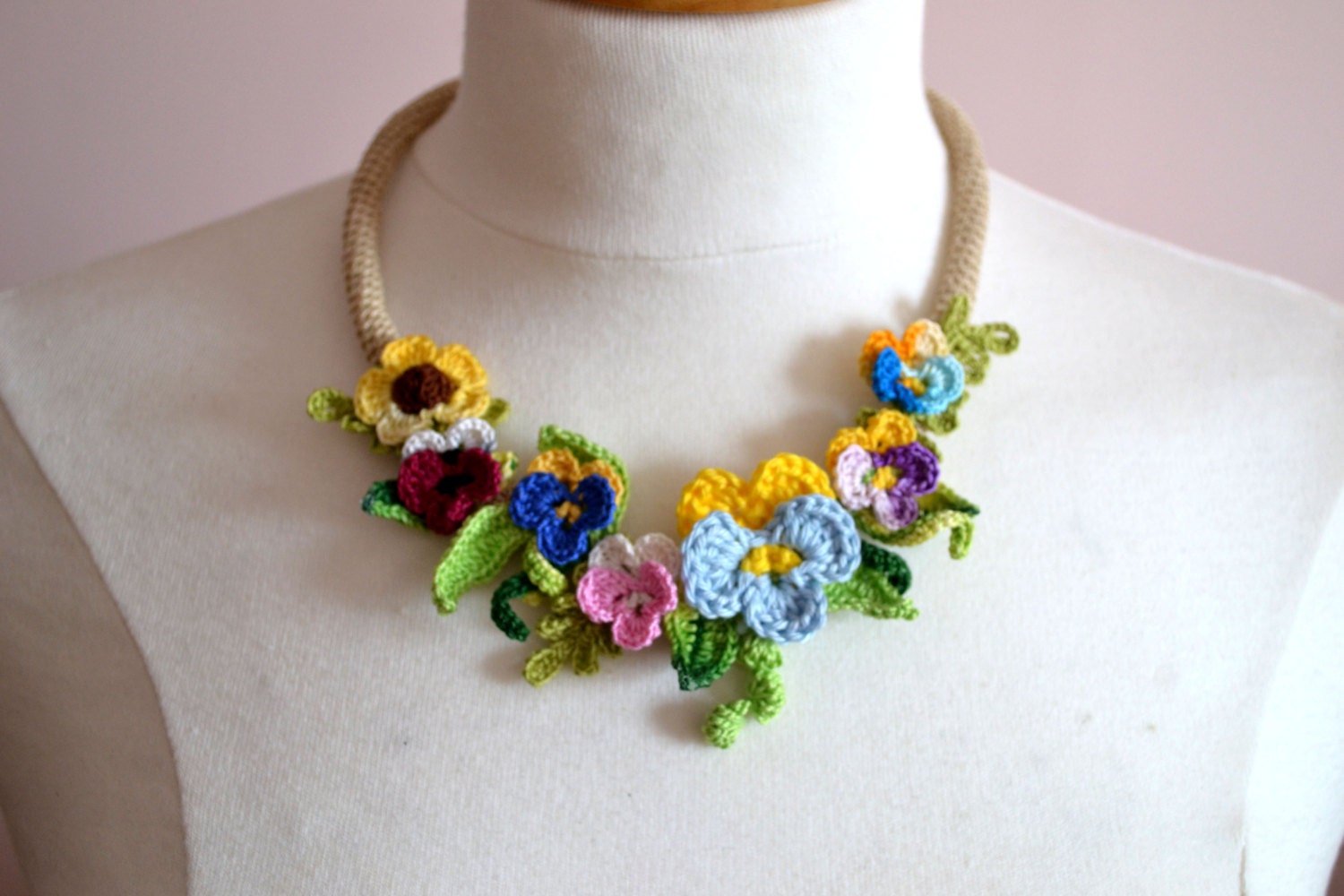 Crochet pansies necklace choker flower floral by FlowersbyIrene