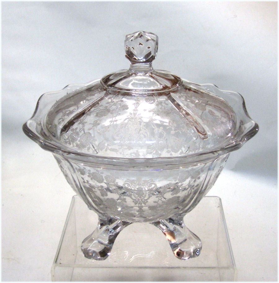 1930's Cambridge Rose Point Etched Glass Footed Candy Box