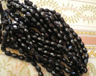 Vintage Black Glass Oval Faceted Beads 6 mm X 4 mm