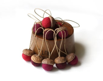 Felted Acorns Ornaments - set of 10 in festive reds