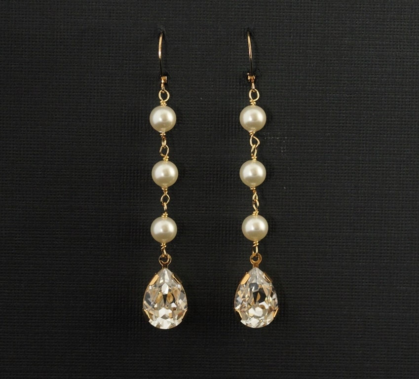 Long Gold Wedding Earrings Pearl Rhinestone Teardrop Wedding