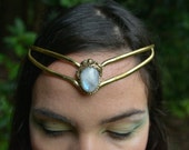 Elven Fairy Pixie Brass Goddess Moonstone Crystal Stone Flower Leaf Tiara Crown Head Piece OOAK