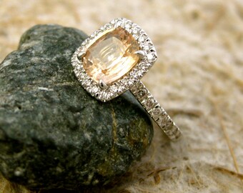 Peach Champagne Sapphire Engagement Ring with Diamonds in 18K White Gold Size 6