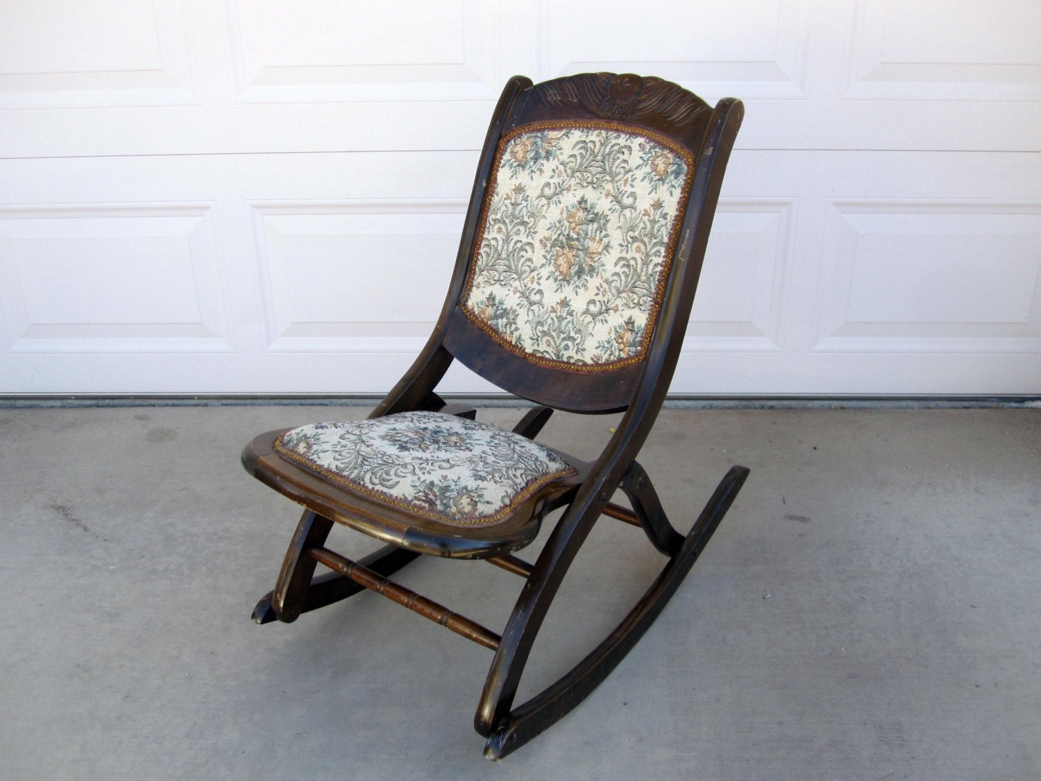 Antique Mahogany Folding Rocking Chair With Floral By Midmod