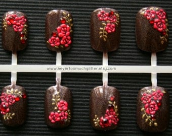 Tattooed Lady Press On Nails | Brown Holo Rose Nails | Short Fake Nails | Uñas Postizas | Ongles Faux