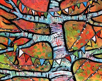 Prayer Flags Tree Print, Tree Art Print, Whimsical Tree Print - Sharing Prayers for Peace