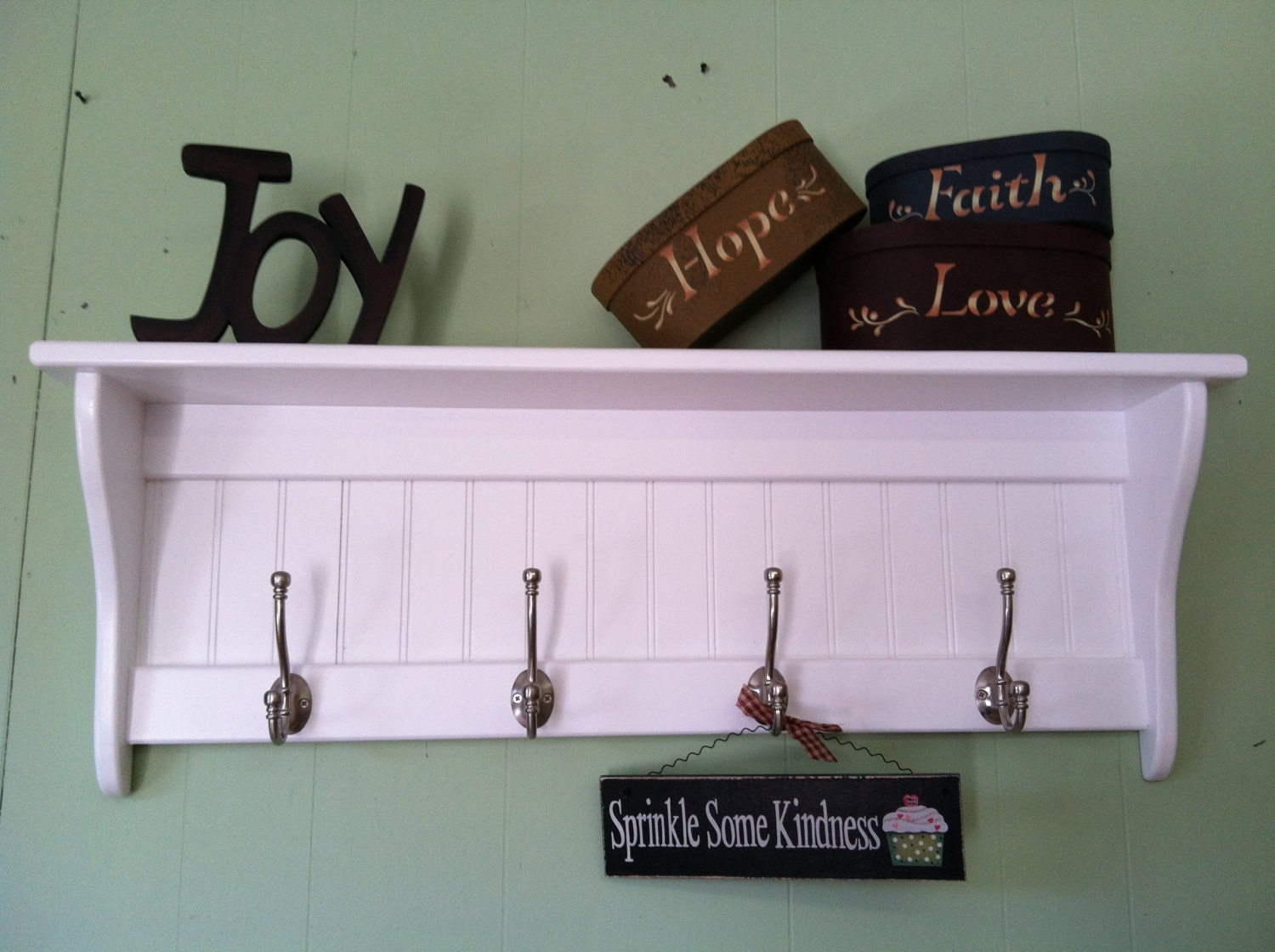 Wood Coat Rack Wall Shelf Pine Wall Rack Painted White with