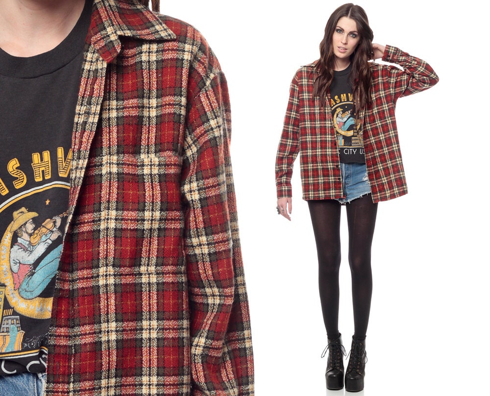 90s Plaid Shirt Red Grunge Long Sleeve Collared Checkered