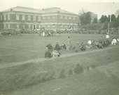 Football Game Players On Field Time Out View From the Bleachers Vintage Photo Black and White Photograph