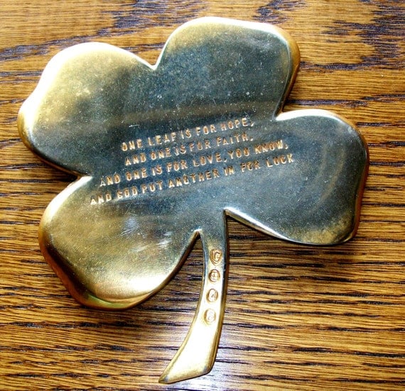 Vintage Brass Shamrock Paperweight Four Leaf Clover St