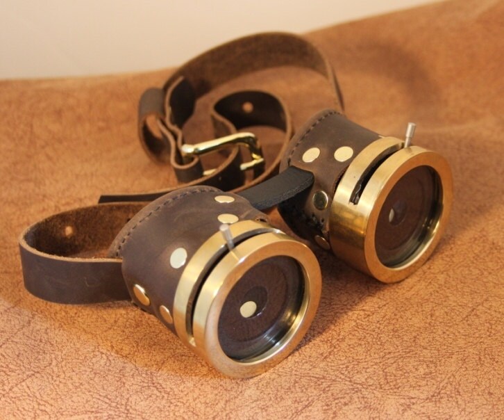 Steampunk goggles Brown leather brass rims and IRIS APERTURES on both sides steampunk buy now online